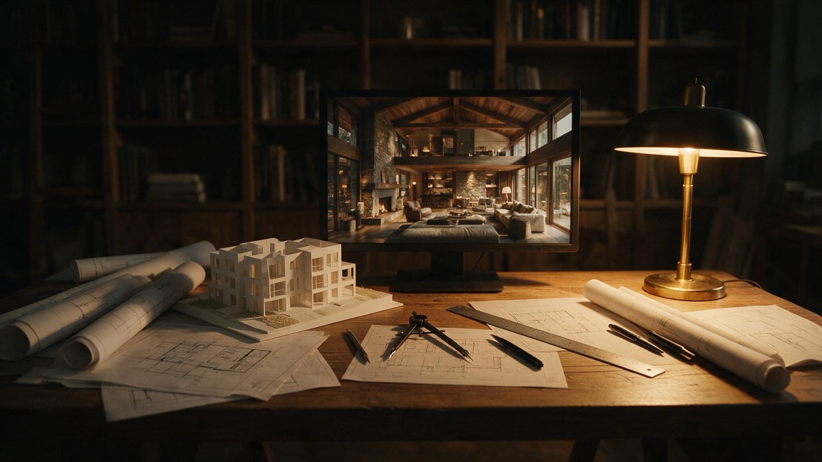 Bureau d'architecte élégant avec plans, maquette et ordinateur